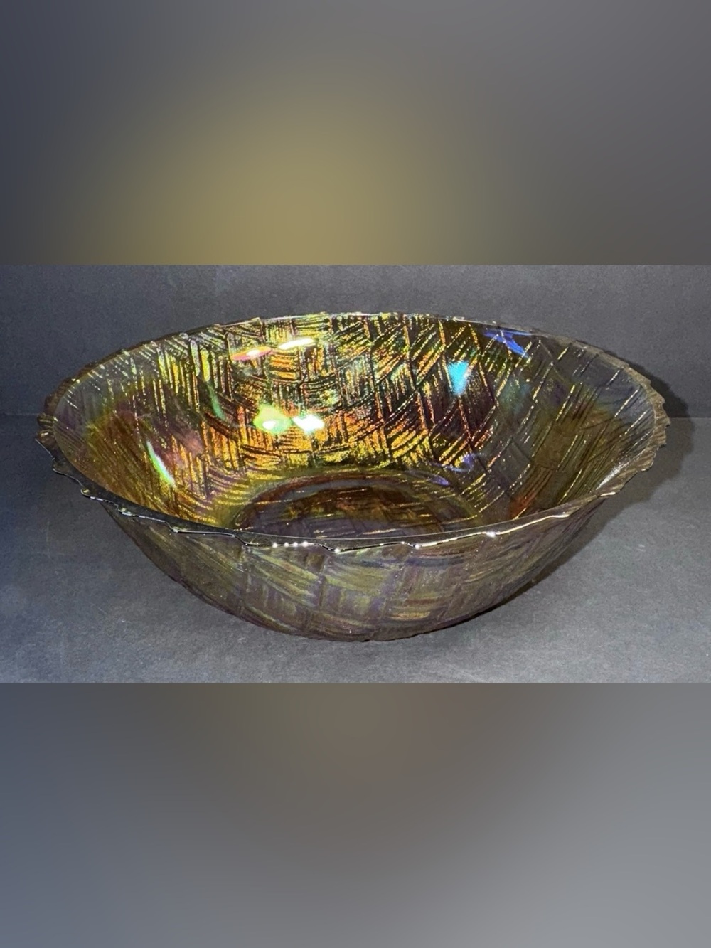 Indiana Glass 9" Bowl Carnival Marigold Iridescent WeaveTex Basket Weave VTG
